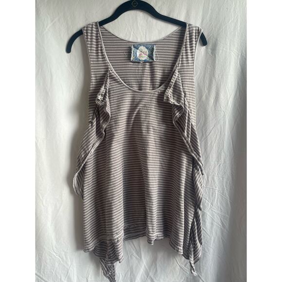 Chelsea & Violet Tops - Chelsea and Violet Tank - Gray/White Stripe with Ruffle Detail - Size Large